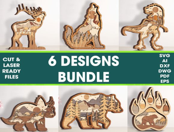 Bundle 6 Design Layered Animal Cut File for Laser Projects